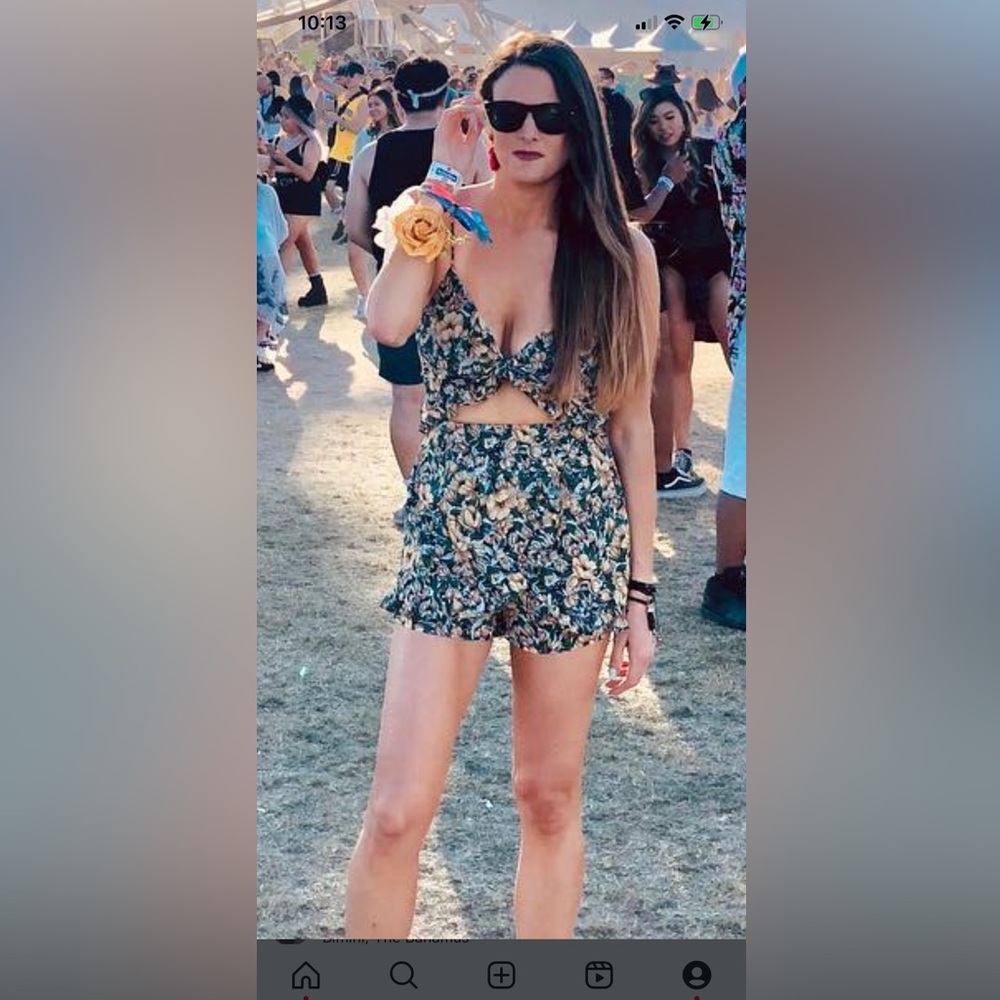Revolve Superdown front tie black + yellow floral romper
